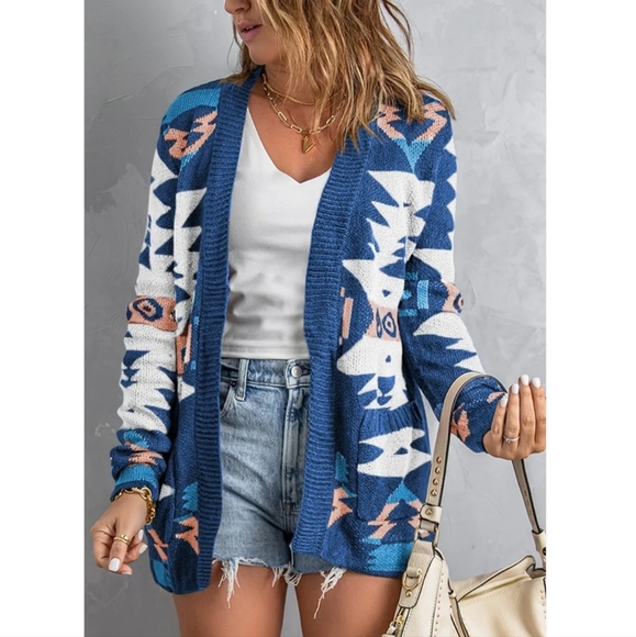 Very J Blue Moraga Pocketed Aztec Open Cardigan Size Small Blue Cream Pink - Picture 1 of 7